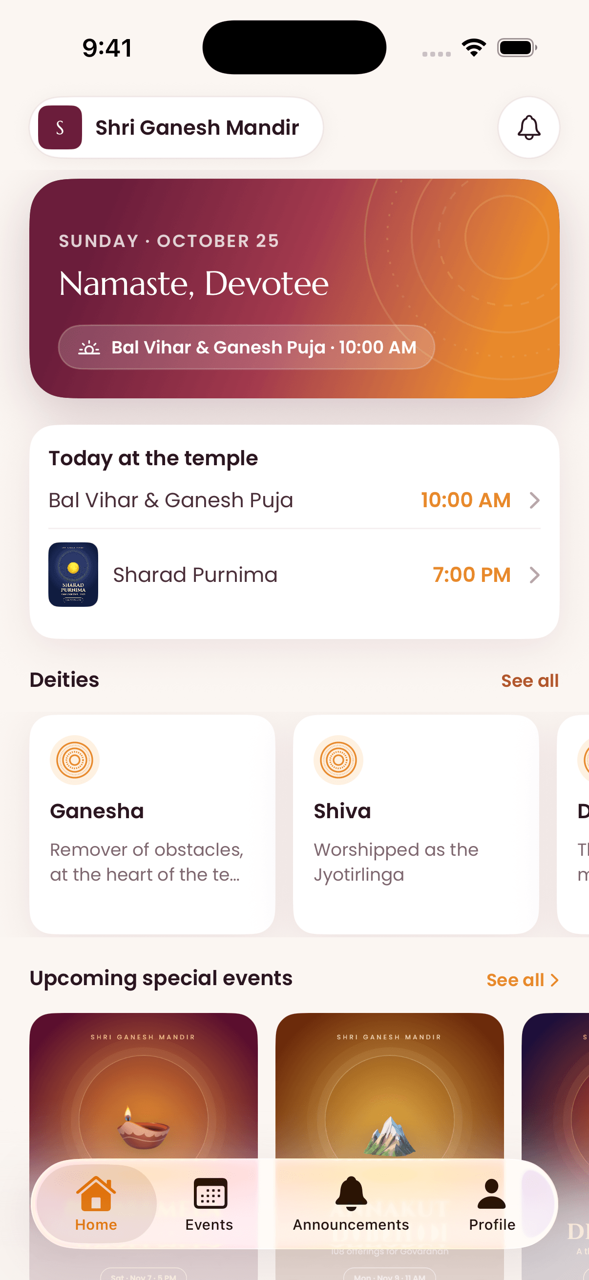 A temple's Home screen in the YourTemple app